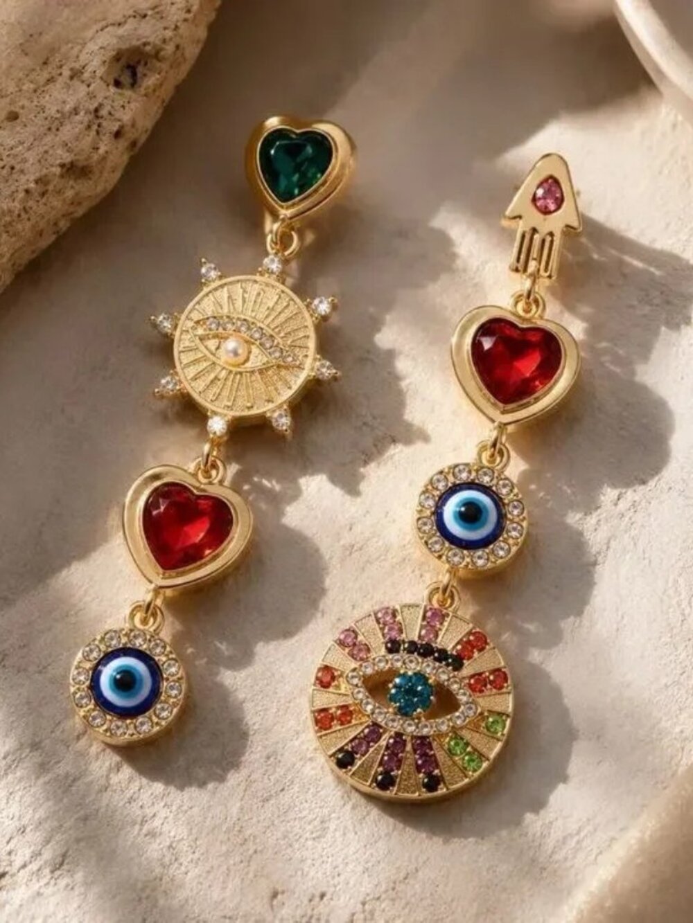 Evil’s Eye Hamsa Gold Museum Mismatch Earrings Devil Heart CZ Boho Hand Sun Art